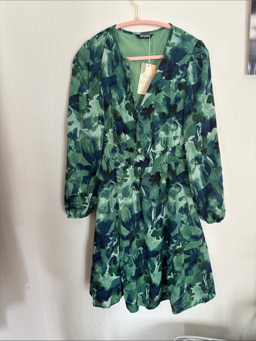 BTFBM Green Floral Print Long Sleeve Dress